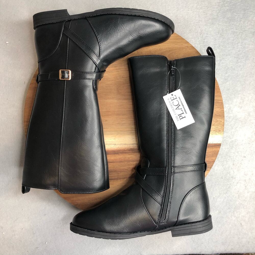 Childrens Place NWT Girl Buckle Tall Boots Black Size 4 Side Zipper Faux Leather - Picture 3 of 8